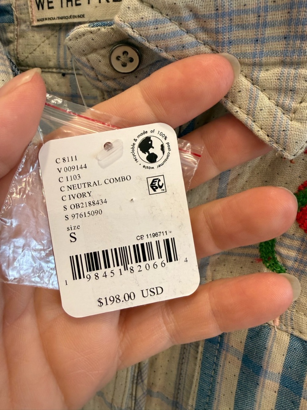 NWT Free People Sashiko Embroidered Blue Plaid Button-Down Shirt Small Boho - Picture 10 of 10